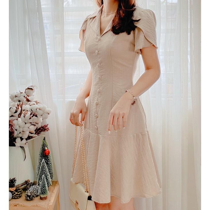  Đầm cổ vest nút bọc dáng đuôi cá 5 màu Đen - Trắng - Nâu - Xanh - Vàng 