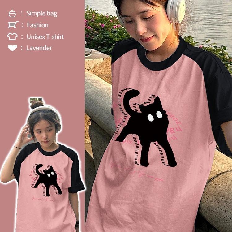 Top Áo thun RAGLAN nam nữ Cotton Ong form rộng tay lỡ Cổ Tròn Màu Hồng SAM CLO phông freesize dáng Unisex - mặc cặp, nhóm, lớp in hình CON MÈO ĐEN