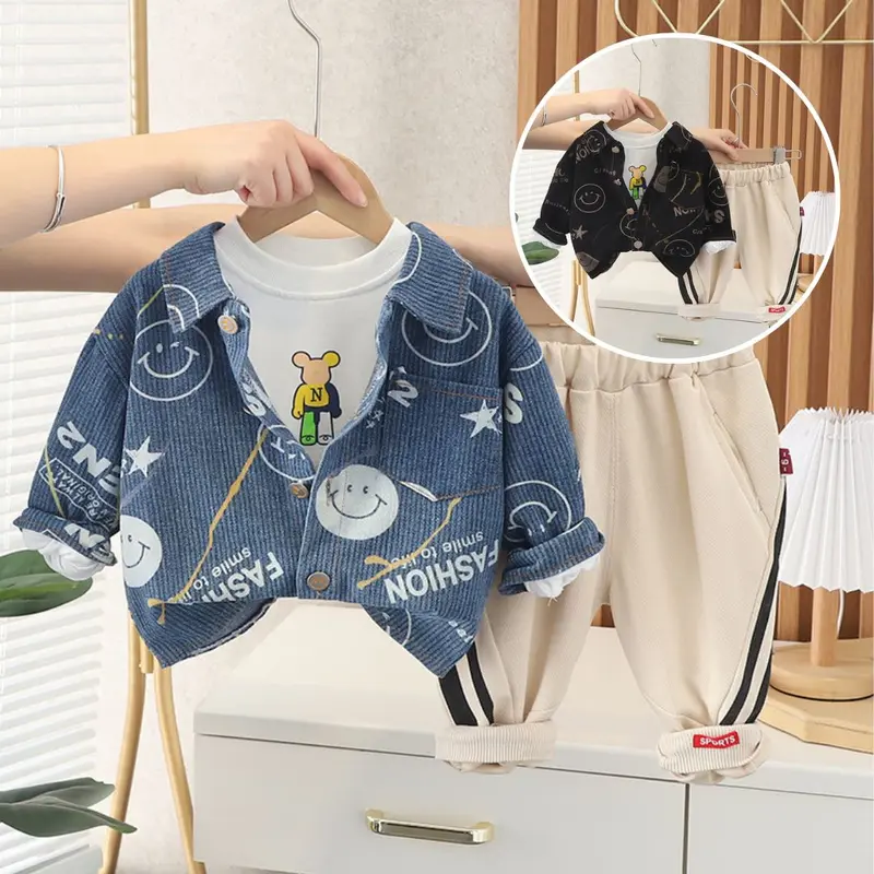 [345331] - Setelan 3 in 1 Kemeja Kaos Celana Panjang Jogger Anak Laki-Laki - Motif Wink Smile 1