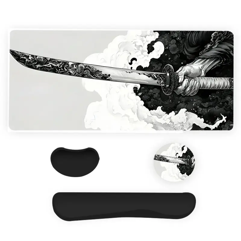 Manga Katana Pattern Mouse Pad & Keyboard Wrist Rest & Ergonomic Mouse Pad & Cup-Coaster Set, Ergonomic Wrist Support, Waterproof Computer Mat, Suitable for Home Office Gaming 0