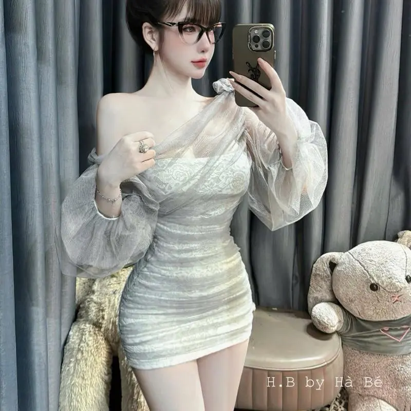 Đầm body ren hoa tay lưới phồng < 57kg màu xám, đen, đỏ sang chảnh đi tiệc giá rẻ
