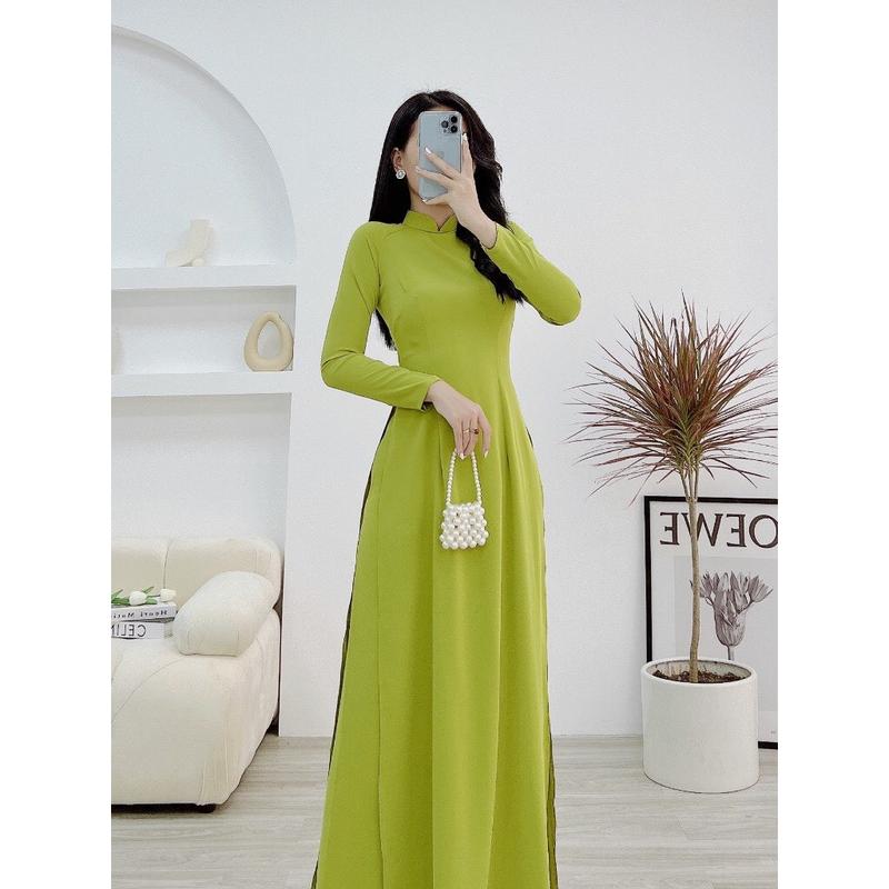 Áo dài truyền thống lụa Mỹ màu xanh cốm  cổ cao tay dài chất đẹp phù hợp mọi lứa tuổi Nữ Nhung