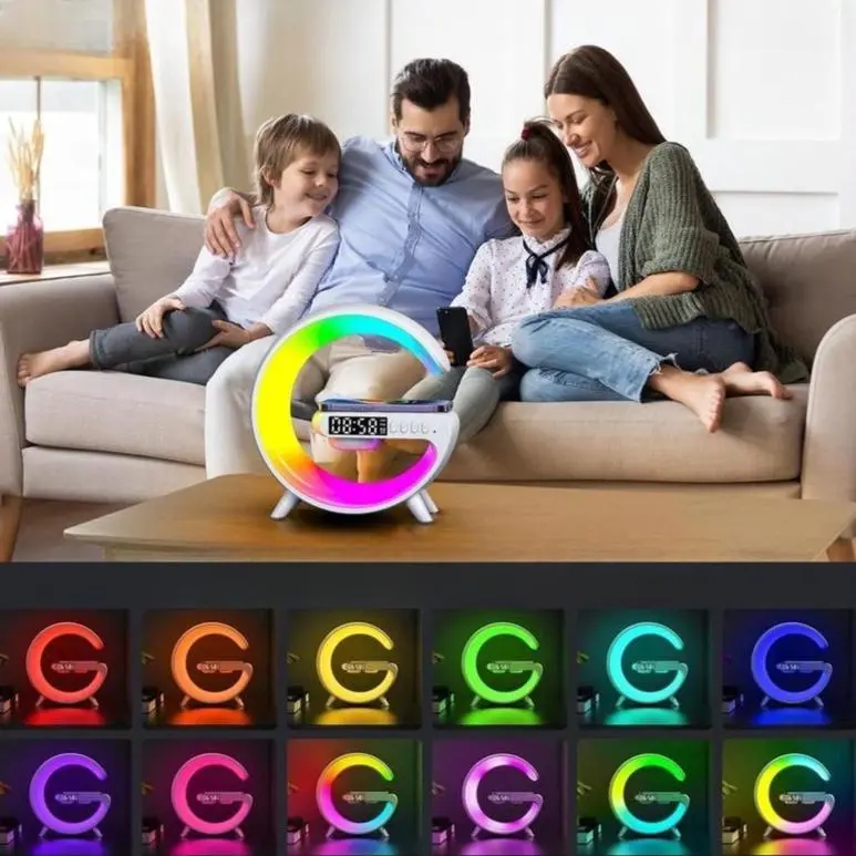 Ritm musik RGB speaker G63 Light al Speak 10W mobile wireless charger mendukung masukan AUX kartu TF Jam Led Ponsel Telepon Lighting Putih 6
