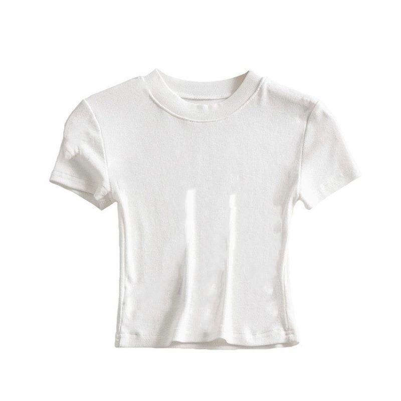 Summer New European and American Basic Style Small round Neck Cropped T-shirt Stretch Tight Short Sleeve Bottoming Top for Women Lingerie Lady Streetwear Casual Minimalist Womenswear Comfort 3