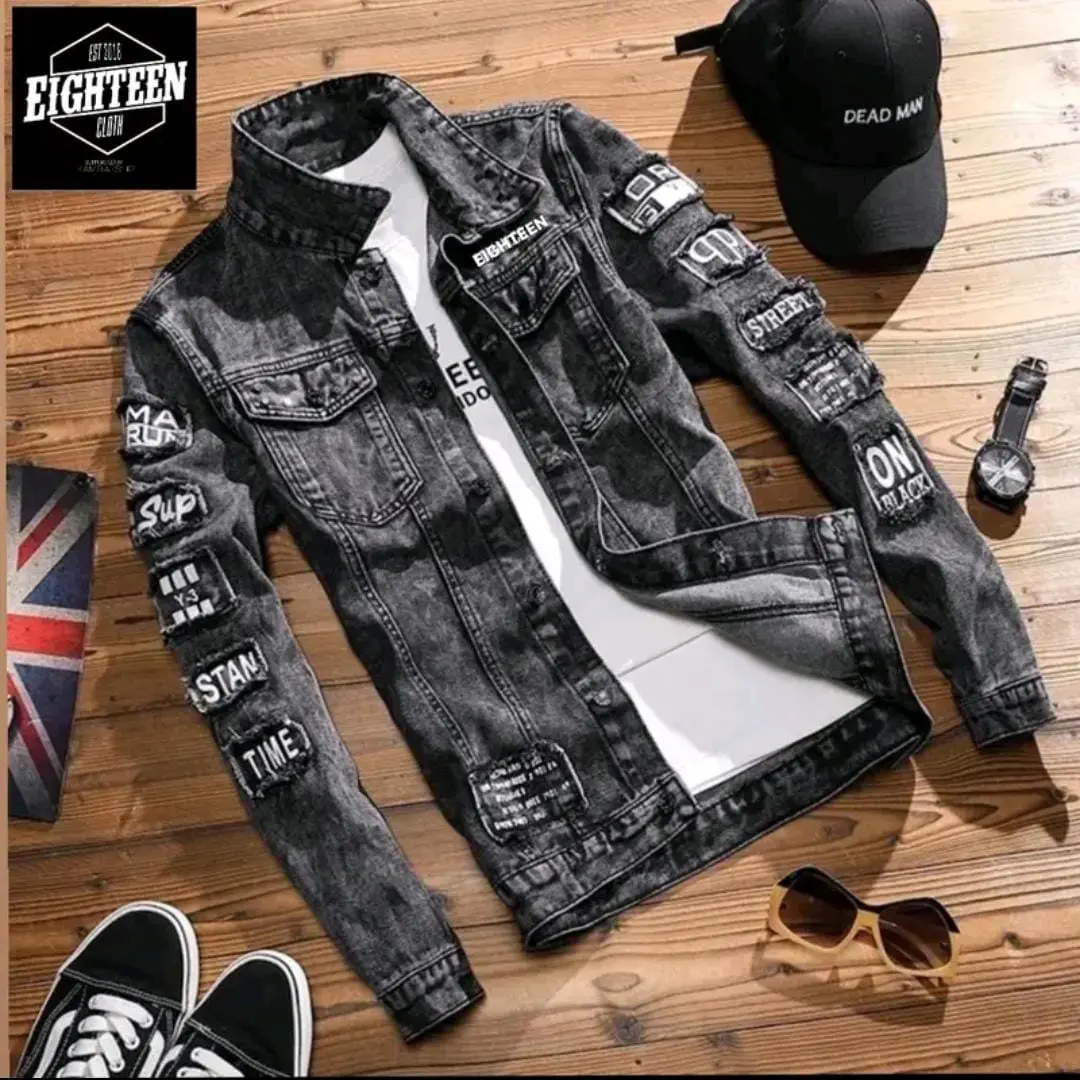 Jaket Jeans Pria Bahan Full Denim Model Emblem Bordir Tangan SnowBlack Santai Logo Casual Distro Terlaris
