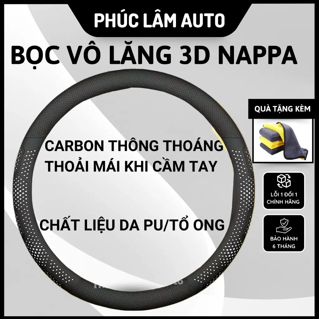 Bọc Vô Lăng Ô Tô 3D Da Nappa Cao Cấp Siêu Mỏng Thiết Kế Kiểu Dáng Lỗ Thoát Khí Chống Trơn Trượt.