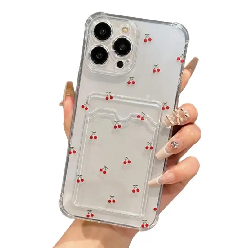 Cherry Pattern Clear Phone Case with Card Slot, Shockproof Phone Protective Cover, Phone Accessories Compatible with iPhone 16 15 14 13 12 11 Pro Max