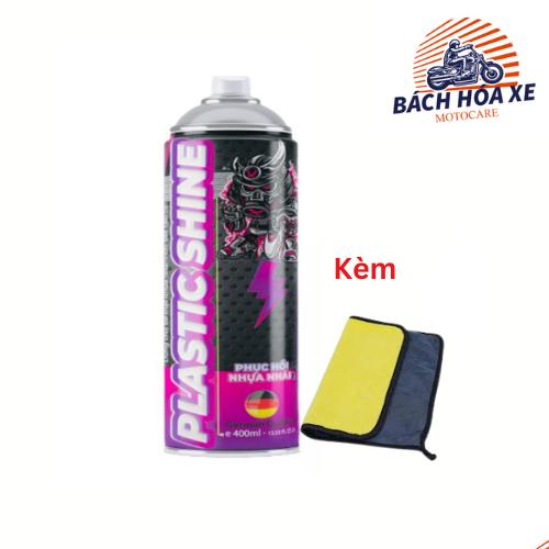 Chai xịt phục hồi nhựa nhám, nhựa đen, dưỡng đen dàn nhám Sprayking Plastic Shine 400ml, dàn áo phai màu, kèm khăn vàng xám 30*30 Sơn x it xemay oto choi phu