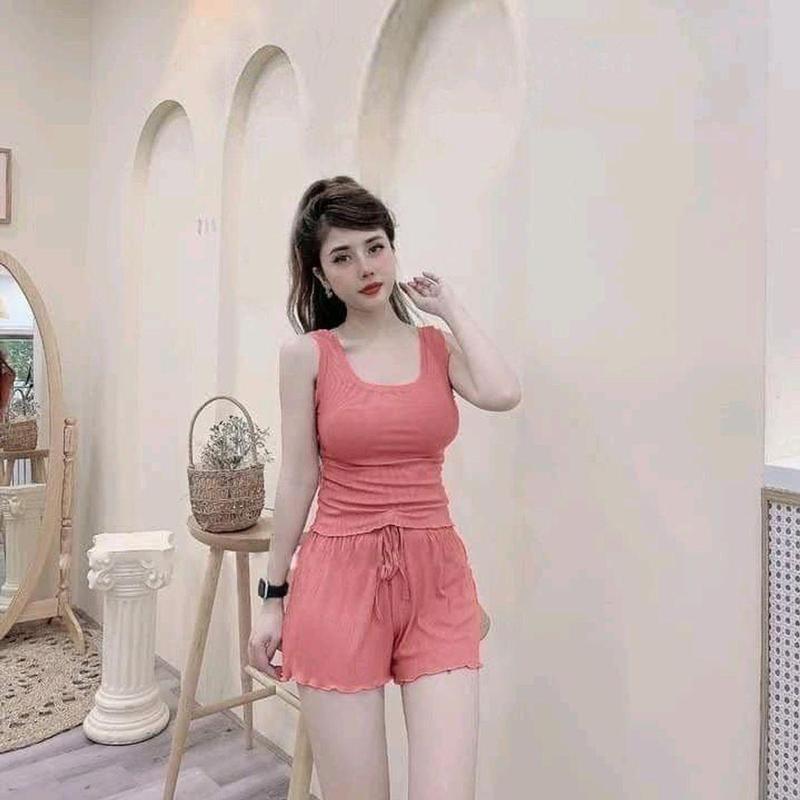 C10 Bộ ngủ áo ba lỗ quần viền bèo thun tăm, Sét đồ ngủ sexxy co giãn chất mát lạnh Nữ Voi