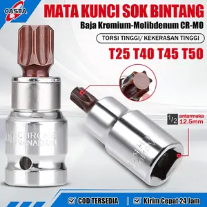 CASTA Socket Torx Impact 1/2" Drive T25 T40 T45 T50 Baja CrV S2 Premium - Mata Bintang Anti Dol Baut Pelindung Fastener, Kunci Shock Presisi Tinggi Cocok Mekanik Motor Mobil Bengkel Otomotif dan Industri Lain