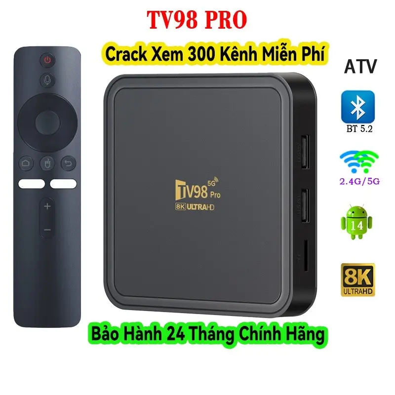 Android TV Box Tv98 Pro 8K Crack  ATV 14 Giọng Nói Tiếng Việt 300 Kênh + Youtube Miễn Phí Trọn Đời