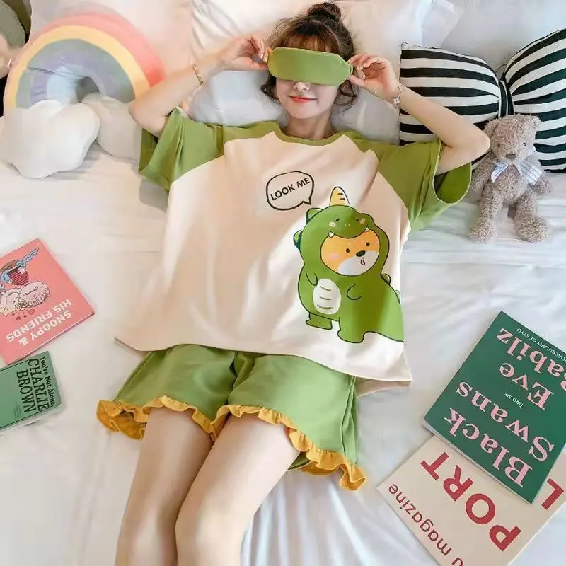 New Pajamas Women Summer Short Sleeve Shorts Imitation Cotton Suit Korean Students Sweet Cute Cartoon Ladies' Homewear brandy melville  pj  set  unholy