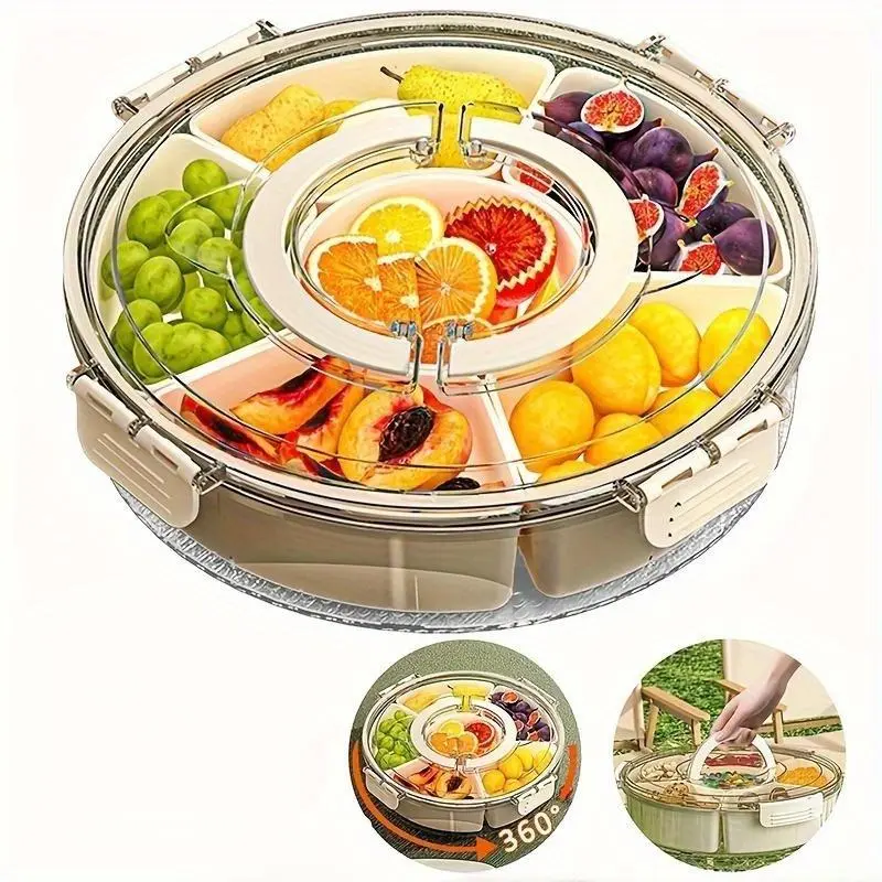 Rotating Food Storage Box, 1 Count Multi-grid Fruit & Vegetable Storage Container with Lid, Snack Box, Food Preserving Container for Home Kitchen, Utensils 0
