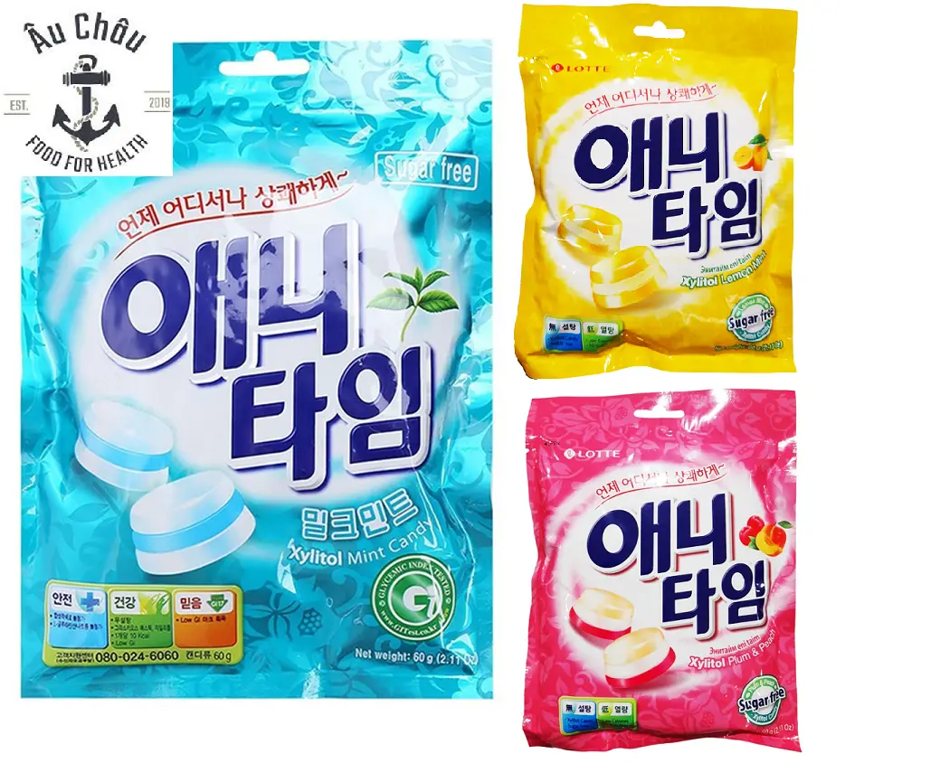 Kẹo Lotte Anytime Xylitol không đường bạc hà, chanh, đào NK Hàn Quốc 60g