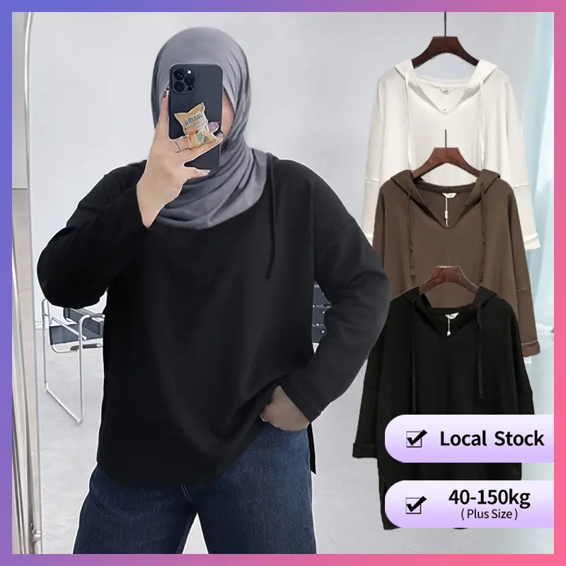 [Saiz Besar] (50-150kg) Wanita Musim Luruh Nipis Saiz Besar Hoodie Lengan Panjang Rekaan Leher V Bersaiz Besar Bertudung Baju Longgar Pakaian Luar Plus Size