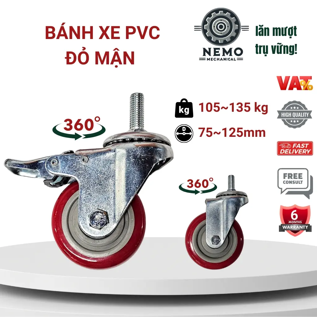 Bánh xe đẩy hàng PVC đỏ mận, cọc vít, có bạc đạn và khóa, đường kính 7cm, 10cm và 12cm, 105-135kg /bánh