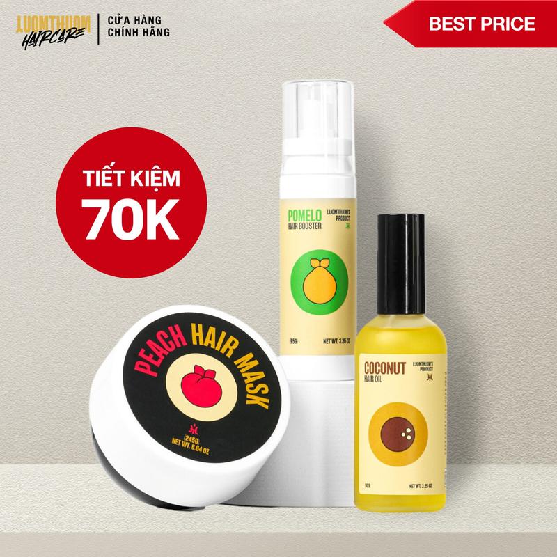 Combo Tóc dài khỏe khoắn Luomthuom Haircare: Xịt mọc tóc Bưởi Bơ + Dưỡng tóc Dừa + Kem ủ tóc Đào