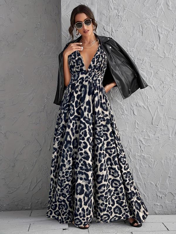 Women's Leopard Print Backless Dress, Fashion Casual Sleeveless Dress for Daily Outdoor Wear, Women Dress for Summer 0