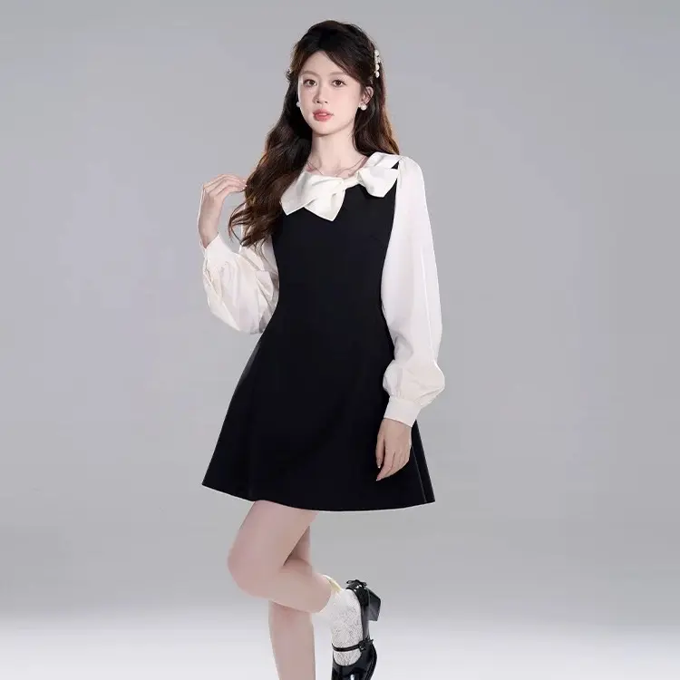 Xinh Dài Tay Kiểu Hàn Quốc Chiết Eo Xòe AA16 Nơ Cổ Lệch - Women, Nữ Dress Voan đen trắng váy hàn quốc cái nơ  Khuy giặt bằng nước lạnh 【 đá quý 】 đen váy thường mặc