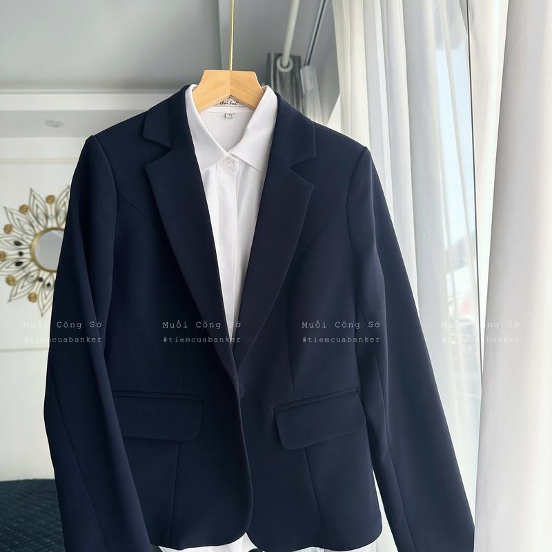 Áo Vest nữ công sở dài tay 1 lớp form ôm có độn vai, bộ vest vải trượt co dãn nhiều túi thật 2 bên màu xanh đen và đen