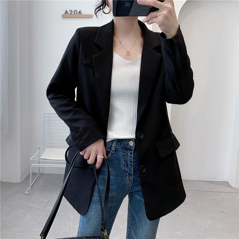 Product Introduction of Hello Moderne Blazer for women Long sleeve Coat Outerwear 2Buttons and Pocket S-3XL *HM5717 Womenswear Jackets Tops Basic Minimalist Comfort Fitted  Black Office attire interview outfit corporate attire 3