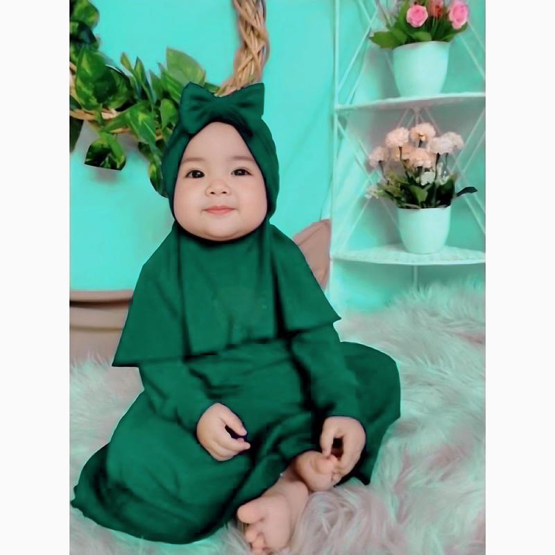 Gamis Bayi Hijab Free Turban Polos 0-2 Tahun Balita Anak Fashion Pakaian Perempuan muslim panjang variasi baju Merah Setelan Kerudung Nyaman Cewek Lembut 4