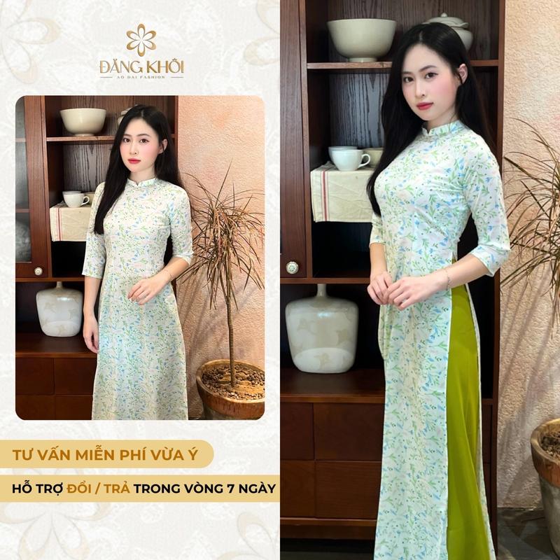 Áo dài nữ hoạ tiết hoa nhí in 6D, chất liệu lụa nhật - Women - hoa nhí xanh cốm