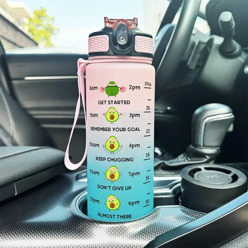 32oz Water Bottle, 1 Count Cartoon Squat Pattern Sports Drinking Bottle with Time Marker, Leakproof Fitness Water Bottle for Home Office Gym Workout, Drinkware 7