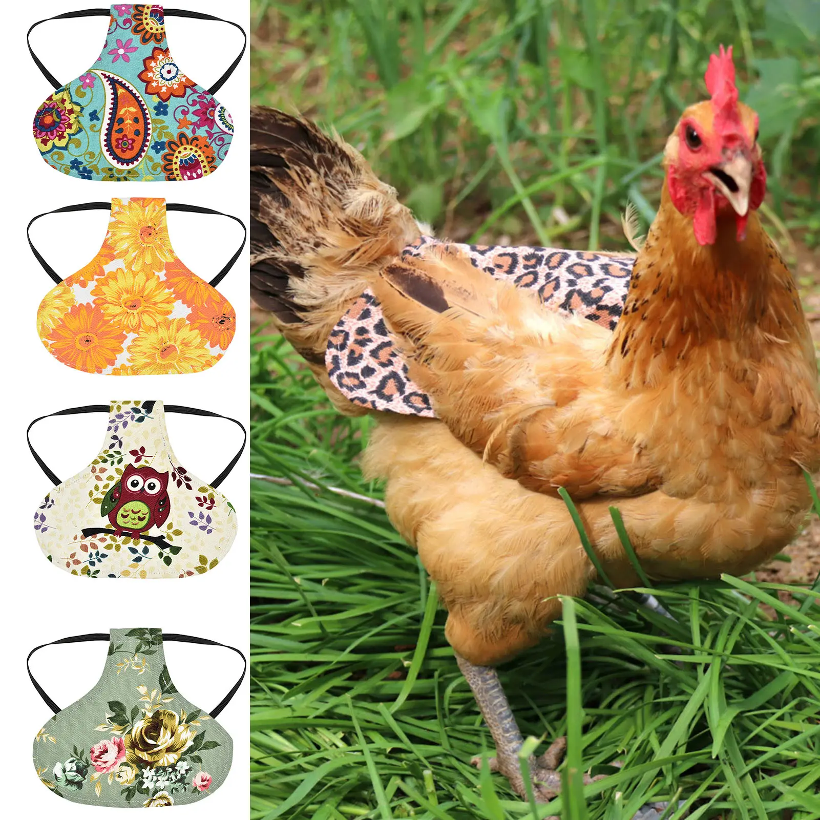 Chicken Saddle Cute Printed Pattern Double Layer Canvas Hen Jacket Feather Protector with Elastic Straps Chicken Apron Poultry Soft Safety Harness Poultry Supplies