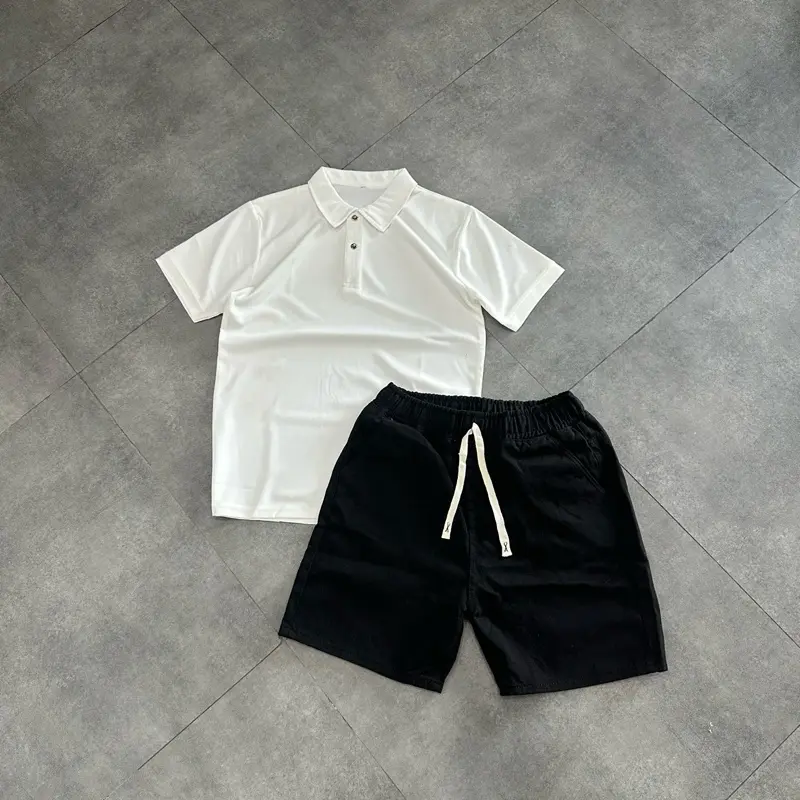 Bộ áo polo trơn và short jean đen dây TO