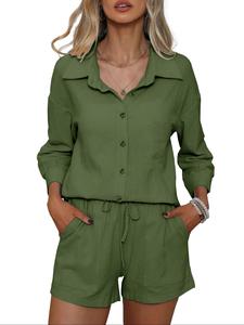 Women's Solid  Button Front Shirt & Shorts Two-piece Set, Casual Long  Sleeve Top &  Shorts for Summer, Ladies Clothes for Daily Wear