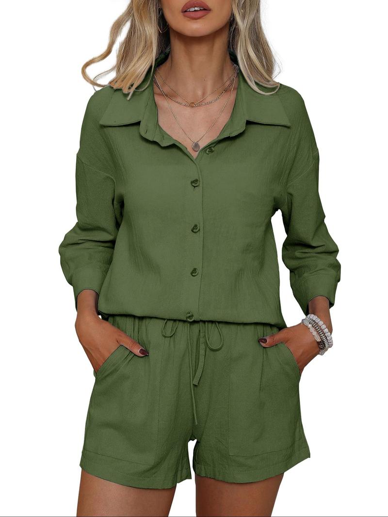 Product Introduction of Women's Solid  Button Front Shirt & Shorts Two-piece Set, Casual Long  Sleeve Top &  Shorts for Summer, Ladies Clothes for Daily Wear 7