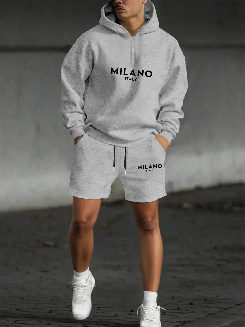 Product Introduction of Men's Letter Print Drop Shoulder Hoodie  & Shorts Two-piece Set, Regular Fit Casual Fashion Cozy Breathable Two Piece Outfits for Daily Wear, Men's Clothes for All Seasons 7