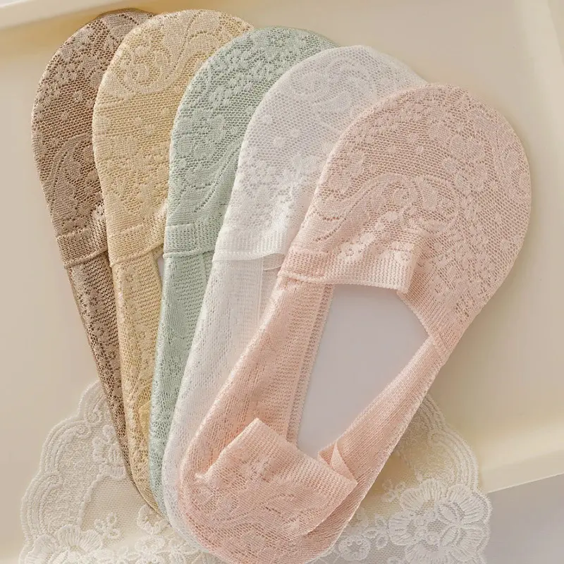 1/5pairs Socks Women's Ankle Short No-Show Invisible Foot Summer Thin Cotton Set White Low Cut Boat Lace Silicone Non-Slip