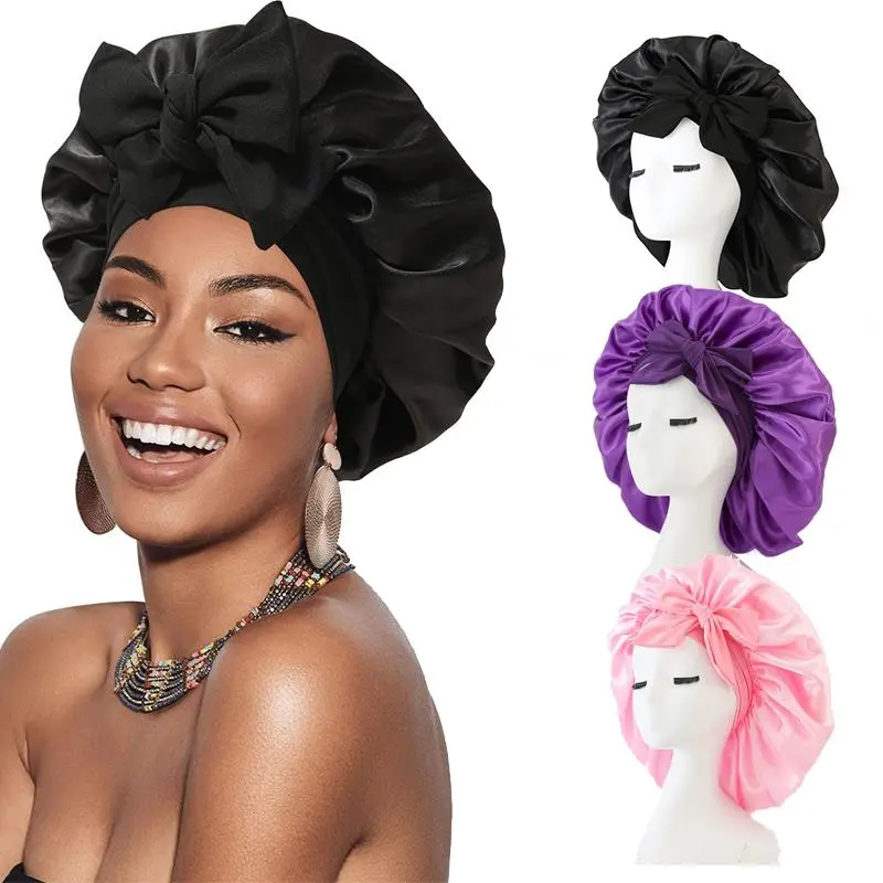Solid Color Satin Sleeping Bonnet, 3 Counts/set Bowknot Design Double Layer Hair Bonnet with Tie Band, Heatless Styling Tool for Women & Girls