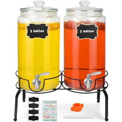 Glass Drink Dispenser Party Supplies 1 Gallon With Bamboo Lid, 2 Pack , Drink Machine For Lemonade, Iced Drinks, Kombucha Dispenser For Parties, Weddings Beverage Dispenser With Stand