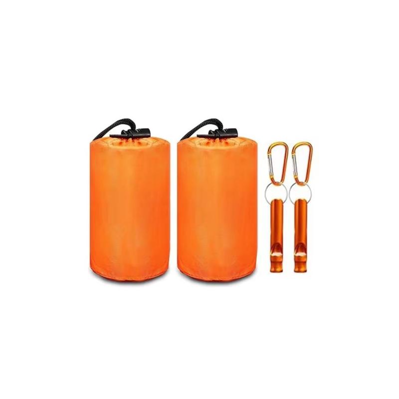 Orange Sleeping Bag with Whistle, 2 Counts Waterproof Windproof Winter Hiking Camping Tactical Blanket, Outdoor Emergency Sleeping Bag 0