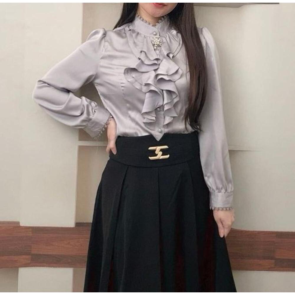 [clearance] LUXME Atasan elegan kemeja lengan panjang terdapat raffle dibagian depan dan kerah bulat