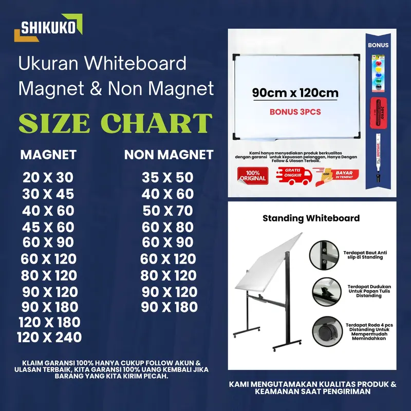 Papan Tulis Whiteboard Magnet Gantung 40x60 cm / White Board Gantung Magnet SHIKUKO 3