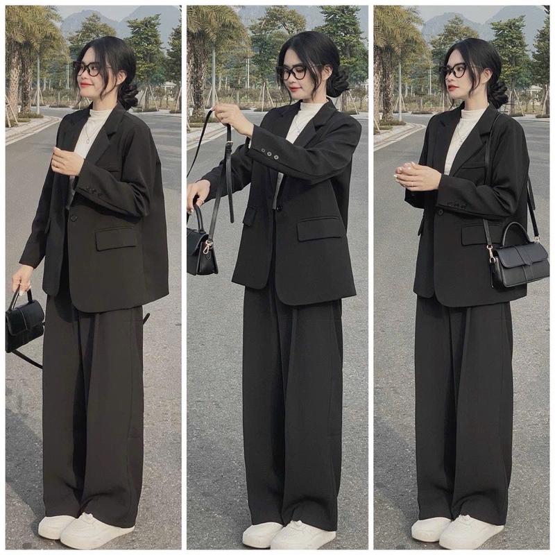 Set bộ quần ống rộng áo blazer tay dài đệm vai đi chơi đi tiệc đi làm lịch sự set áo vest và quần Nữ Women