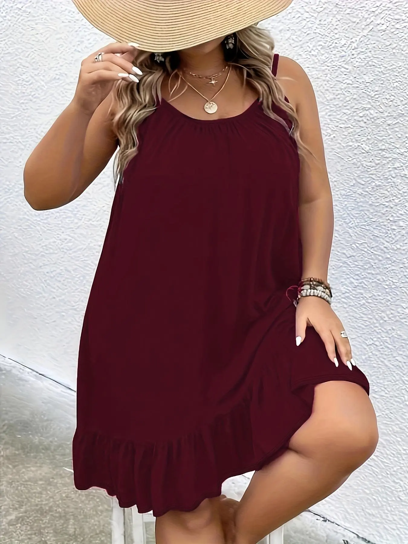 Plus Size Solid Ruffle Hem Cami Dress, Casual Scoop Neck Spaghetti Strap A Line Dress for Summer, Women's Plus Clothing for Daily Wear, Summer Dresses