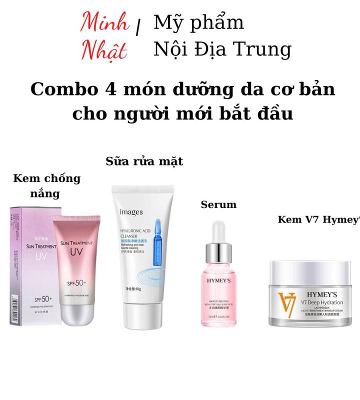 Combo 4 món dưỡng da cơ bản cho người mới bắt đầu, Kem chống nắng, Sữa rửa mặt ít bọt, serum cấp ẩm, kem dưỡng sáng đa V7 Minhnhatbeauty Skincare