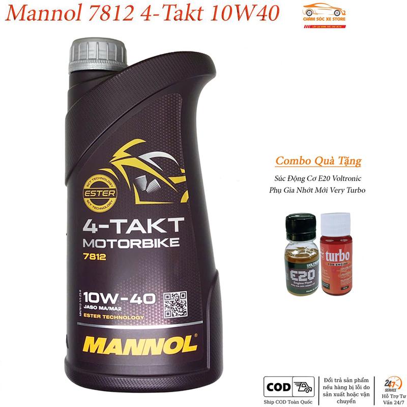 Dầu Nhớt Mannol 7812 MotorBike 4-Takt 10w40 Kèm Quà Gồm 1 Súc Động Cơ E20 Voltronic và 1 Phụ Gia Nhớt Mới Very Turbo dầu xe máy