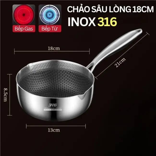 Chảo sâu lòng đáy tổ ong chống dính inox 316 cao cấp, chảo size 18cm siêu tiện dụng Đa Năng