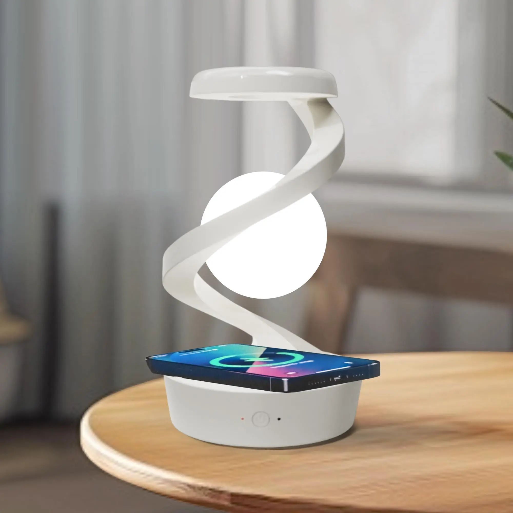 Rotating Floating Lamp, Smart Phone Holder Table Lamp with Wireless Charging Function, Dimmable Novelty Lighting for Bedroom, Living Room, Restaurant Cabinet