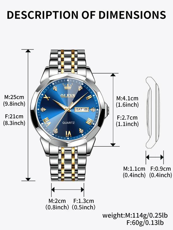 Round Dial Stainless Steel Strap Quartz Watch (2pcs), Couples Gifts, 2024 New Rhinestone Decor Waterproof Watch for Men & Women, Fashion Watch for Daily Life, Trendy All-match & Exquisite Watch for Birthday Gift, Unique Gifts for Women 3