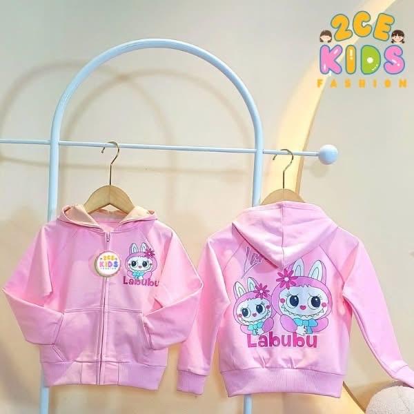 Áo khoác chống nắng họa tiết labubu màu hồng dễ thương cho bé gái 10-45kg Thun Cotton Len Kem Vải Cotton Giữ Ấm