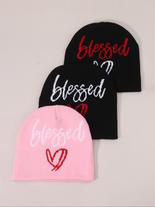 Unisex Heart & Letter Pattern Beanie Hat, 3 Counts Casual Trendy Knit Hat, Fashionable Warm Hat for Fall & Winter for Men & Women