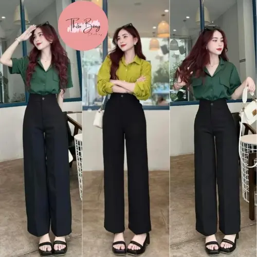 Quần ống rộng nữ cạp cao 1 khuy cài không ly trước dáng dài 94 - 96cm quần  suông ống  rộng quan  ong  suong