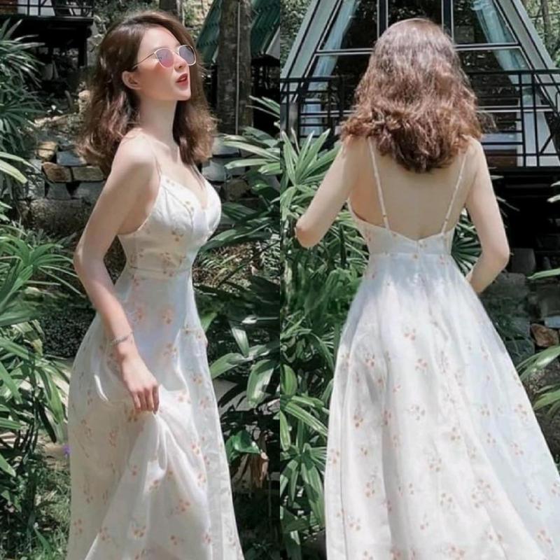Đầm maxi voan hoa nhí hai dây dáng dài hở lưng đính cúc đi chơi đi biển 099 Nữ Dress Women